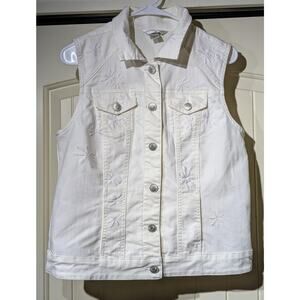 Christopher & Banks White Denim Silver Tone Button Front Flower Color Vest Sz S